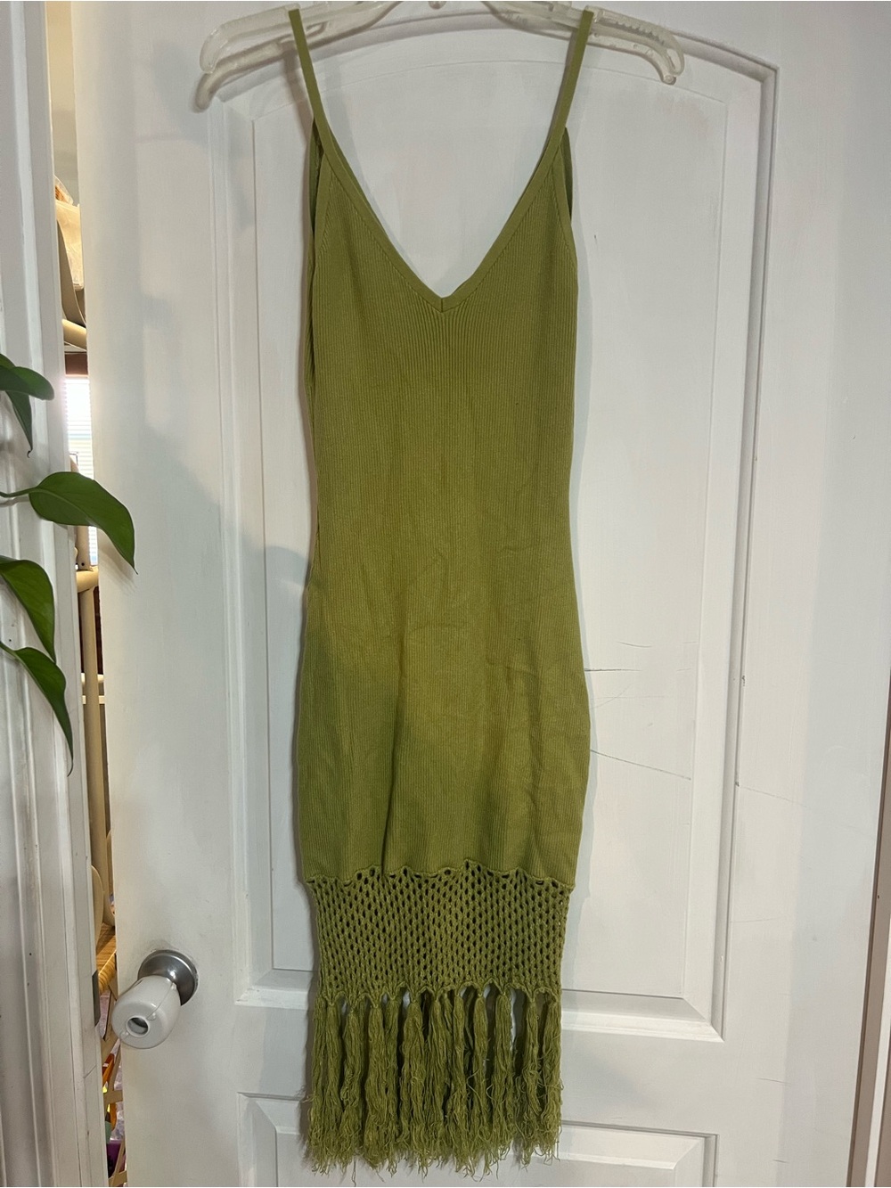 Lulu's Olive Green Sleeveless V-Neck Fringe Knit Midi Dress